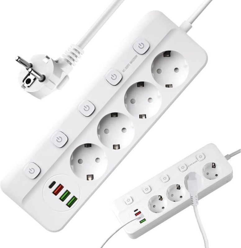 Thumbnail - Steckdosenleiste mit Einzelschaltern, 4 USB-C-Anschlüsse (3 USB-A + 1 USB-C), Wandsteckdose für Zuhause, Büro oder Küche...
