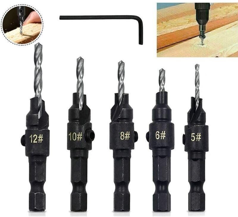 Set mit 5 verstellbaren 3-in-1-Kegelbohrern mit Sechskantschaft und Schnellspannfunktion für die Holzbearbeitung inklusi...