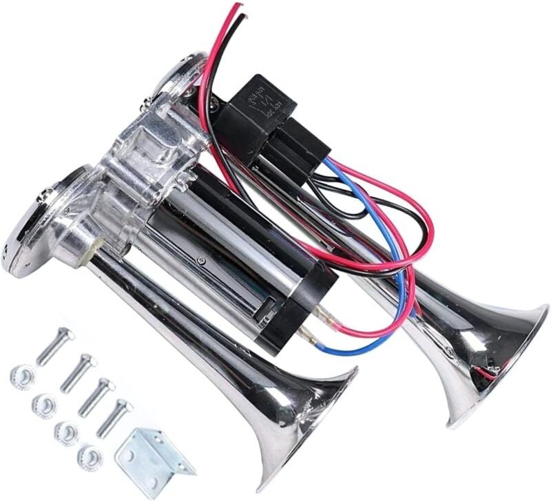 150 dB 12 V LKW-Lufthorn, Doppeltrompete, superlaut, mit Kompressor für LKW, Züge, Lastwagen, Autos, Boote (Silber)