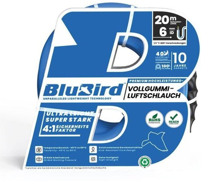 Werkstattschlauch-Set BluBird Innen-Ø 6 mm Außen-Ø 12 mm Länge 20 m Sicherheitskupplung G3/8 ″