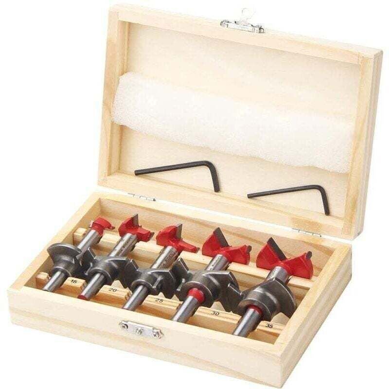 Forstnerbohrer-Set, 5-teilig, 15–35 mm, verstellbare Positionierbohrer, Hartmetall-Holzlochsäge mit Tiefenanschlag