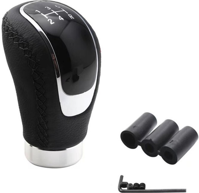 Universeller Schaltknauf mit 3 Adaptern (8 mm, 10 mm, 12 mm) für Pkw, Aluminiumlegierung und Leder (schwarz)
