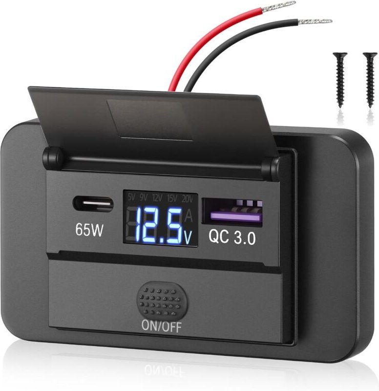 12V USB C Steckdose Ladebuchse Auto Ladegerät Handy Schnellladung 65W PD3.0 und 18W QC3.0 Wasserdicht mit Digital Voltme...