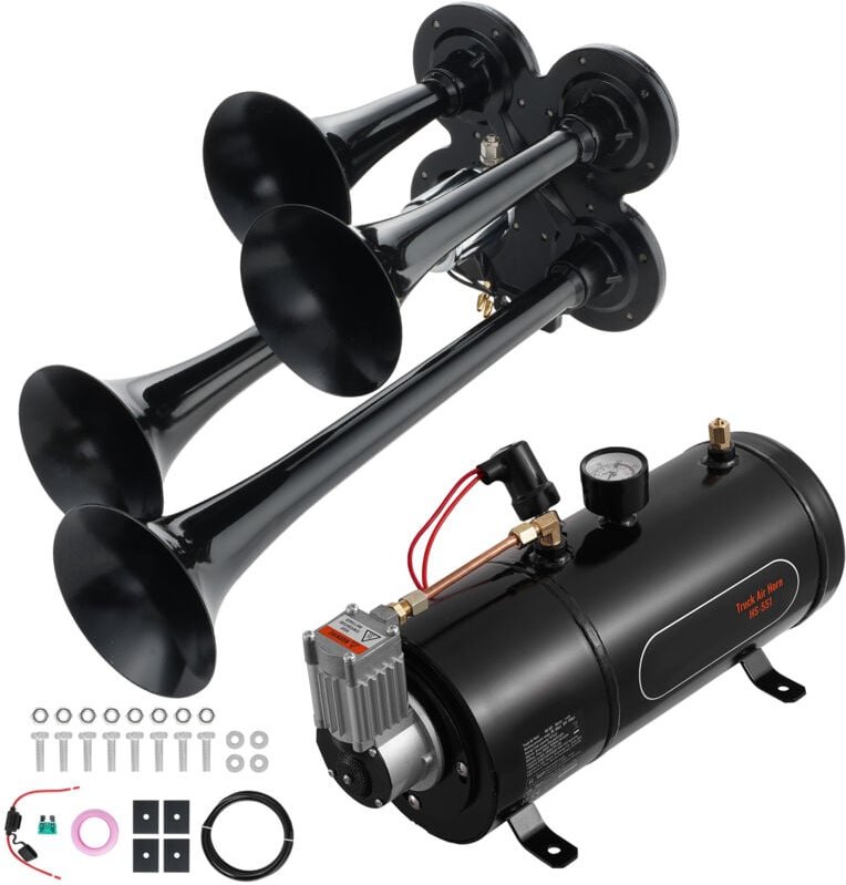 Mophorn - Zughupen-Set, 4 Trompeten-Drucklufthörner, 150 dB für Pickup-Trucks, 12 v 120 psi Kompressor, 0,8 Gallonen Tan...