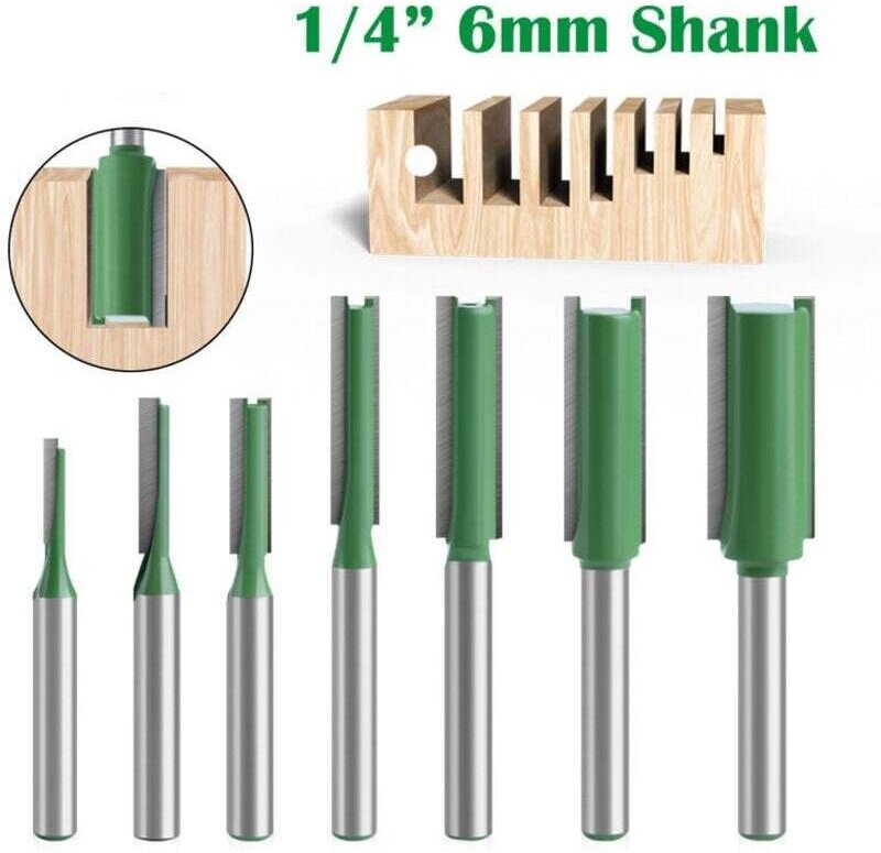 7-teiliges Set gerader Fräser mit 6-mm-Schaft, Hartmetall-Holzbearbeitungswerkzeug, ein-/zweischneidiger gerader Fräser