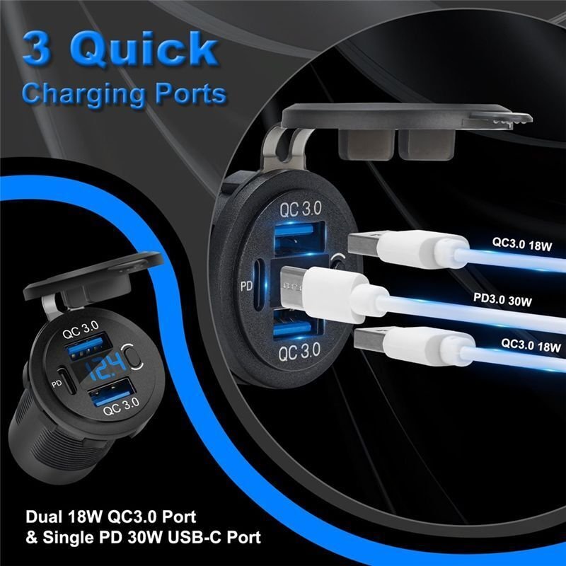 Dual QC3.0 18 W & PD 30 W Schnellladeanschluss, USB-C-Autoladebuchse mit Voltmeter, 12 V Wasserdicht für Marinebootauto