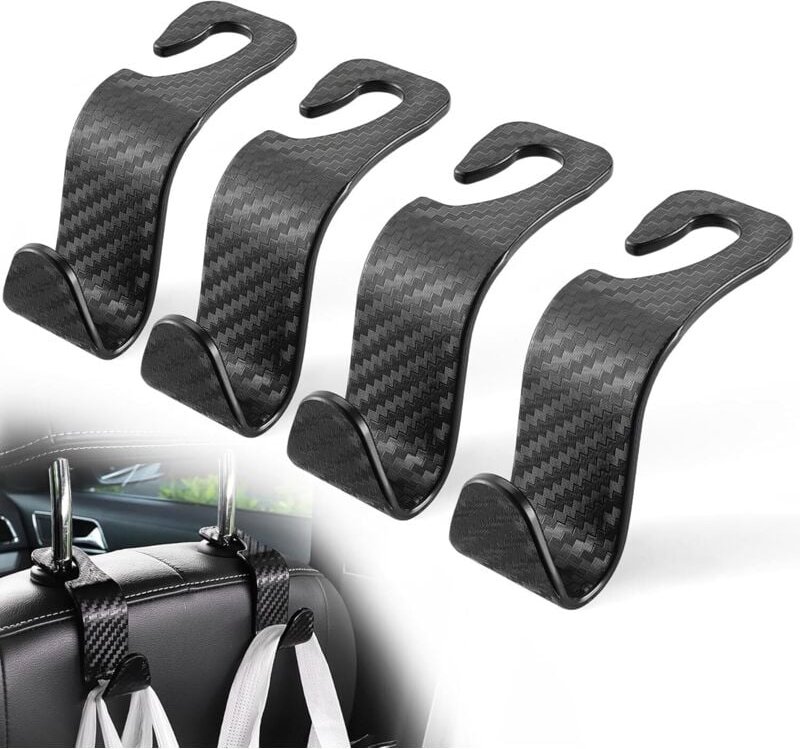 4er-Pack universelle Autositz-Kopfstützenhaken für Taschen, Jacken, Regenschirme und Einkäufe – schwarze Kohlefaser