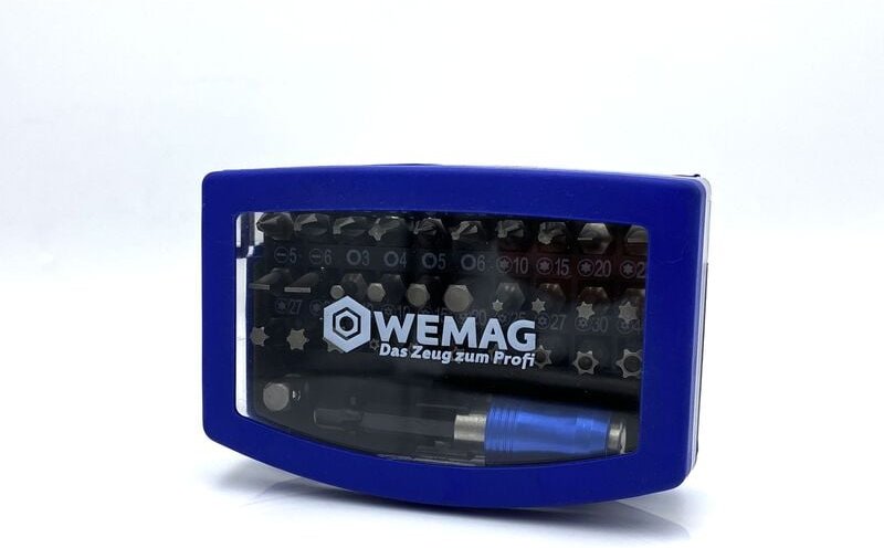 Bitsatz 32-teilig, ph, pz, Schlitz Torx, 6-knt, 1/4' Adapter, Halter - Wemag