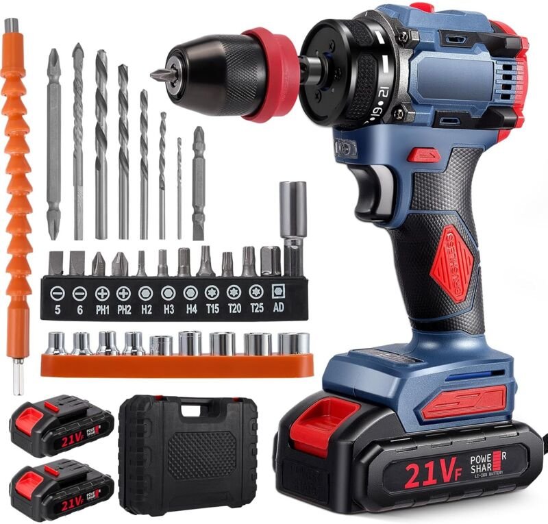 Akku-Bohrschrauber, 21-V-Elektrobohrmaschine und 2-in-1-Akkuschrauber mit zwei 2,0-Ah-Akkus, bürstenloser 21-in-1-Schlag...