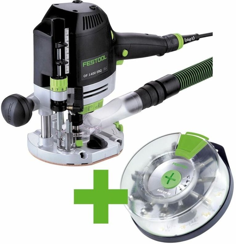 Festool OF 1400 EBQ-PLUS Oberfräse 1400W 70mm Hub ( 574398 ) + Zubehör + Box-OF-S 8/10x HW Fräser Box 10 tlg. + Systaine...
