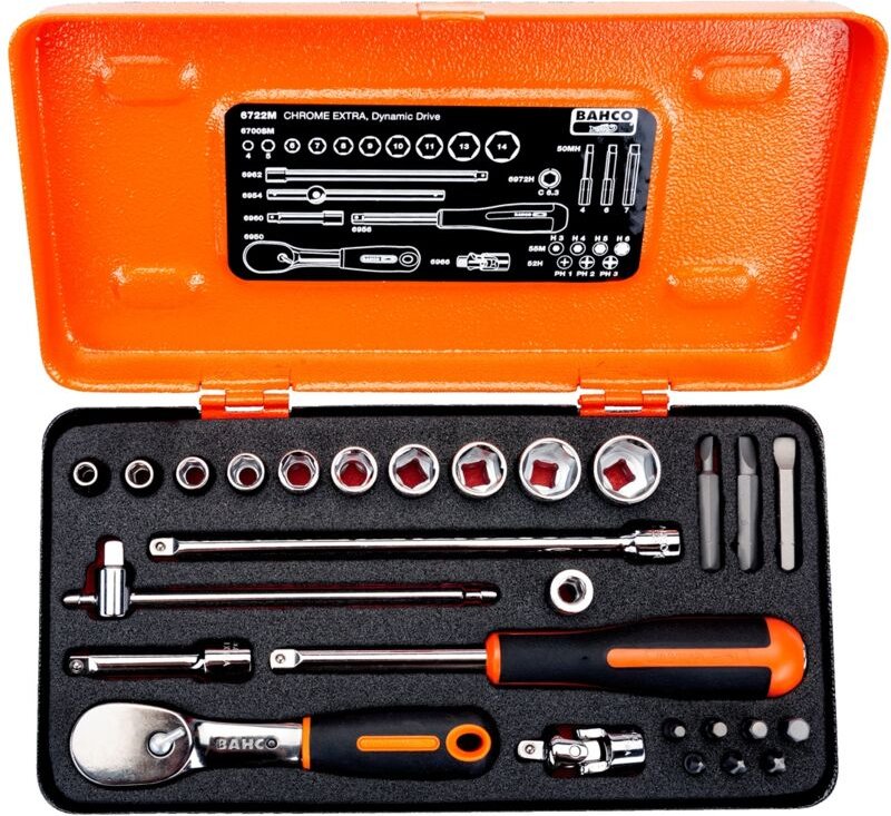 Bahco 1/4 Steckschlüssel-Satz, metrisch, Sechskantprofil, inklusive birnenförmige Umschaltknarre/Verlängerungen - 21-tlg...