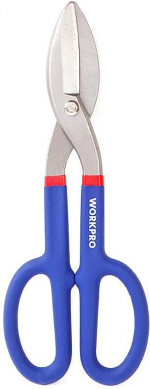 30cm lange, gerade Blechschere aus geschmiedetem Stahl mit ergonomischem blauen und roten Griff