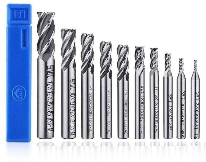 10-teiliges 4-Flöten-Schaftfräser-Bit-Set – 2–12 mm HSS-Bohrer-Set mit geradem Schaft, CNC-Bohrer – Werkzeugset für Holz...