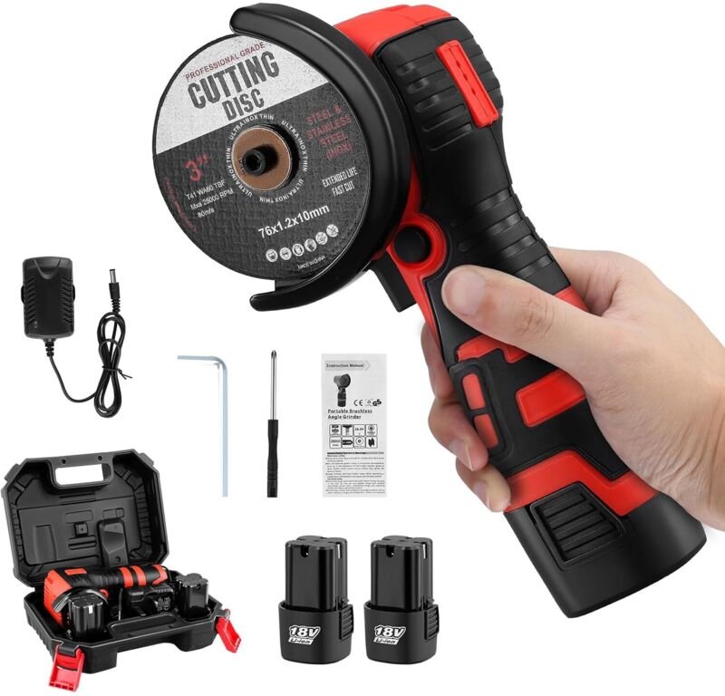 Akku-Winkelschleifer mit 2 Trennscheiben, Mini-Akku-Winkelschleifer mit 28.500 U/min und 2 x 2000 mAh Akkus, 76 mm klein...