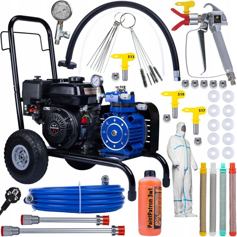 Rosfix Set Blue Strong Hurricane 1690 BSH01 – Benzinbetriebener Farbspritzgerät 6,5 PS, 220 bar, 18 l/min Edelstahlpumpe...