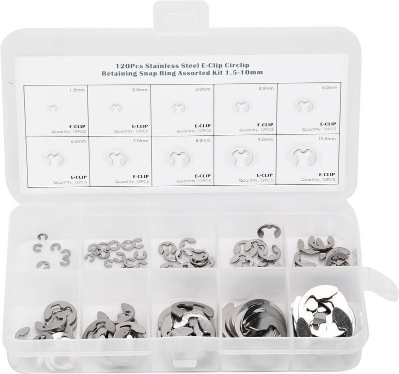 120-teiliges Sortiment an Edelstahl-E-Clip-Unterlegscheiben, Sicherungsringen und Sprengringen (1,5 mm–10 mm)