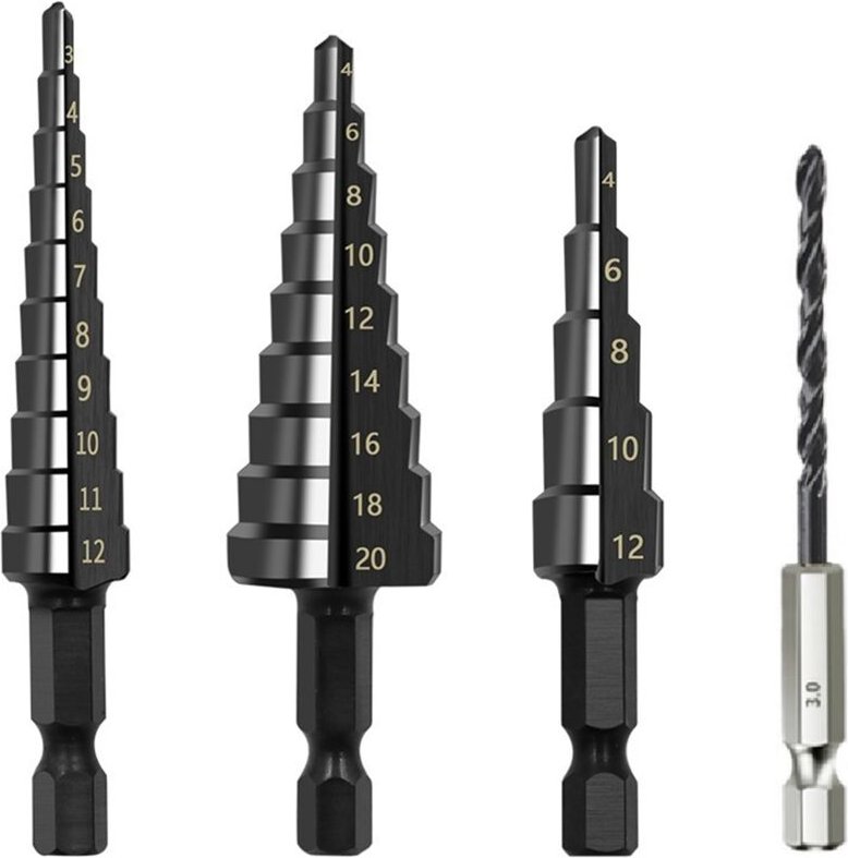 Tlily - 4 Stücke 3-12 4-12 4-20mm hss Gerade Nut Stufenbohrer Nitrid Twist Holz Metall Lochschneider Kernbohrwerkzeuge