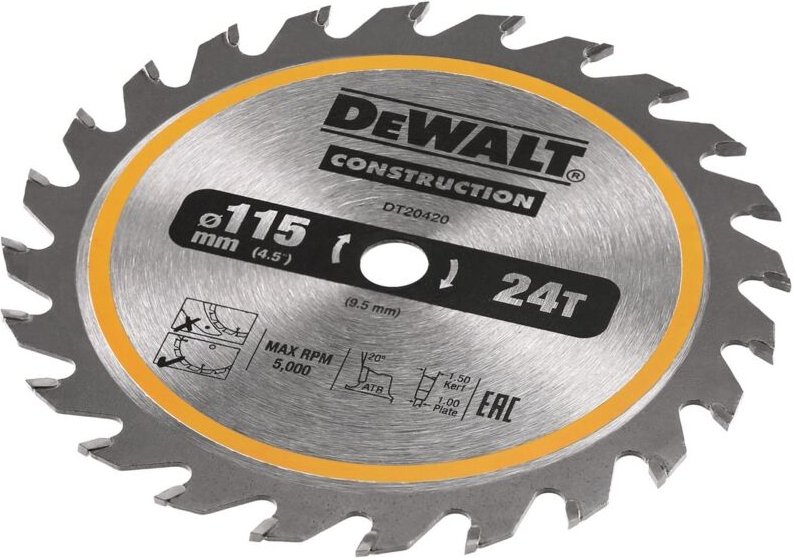 DT20420-QZ Kreissägeblatt 115 x 9,5 mm, 24 Zähne, genageltes Holz - Dewalt