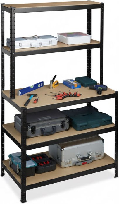 Relaxdays Schwerlastregal mit Werkbank, 500 kg, 5 Ebenen, HxBxT: 180 x 100 x 60 cm, MDF & Stahl, Werkstattregal, schwarz