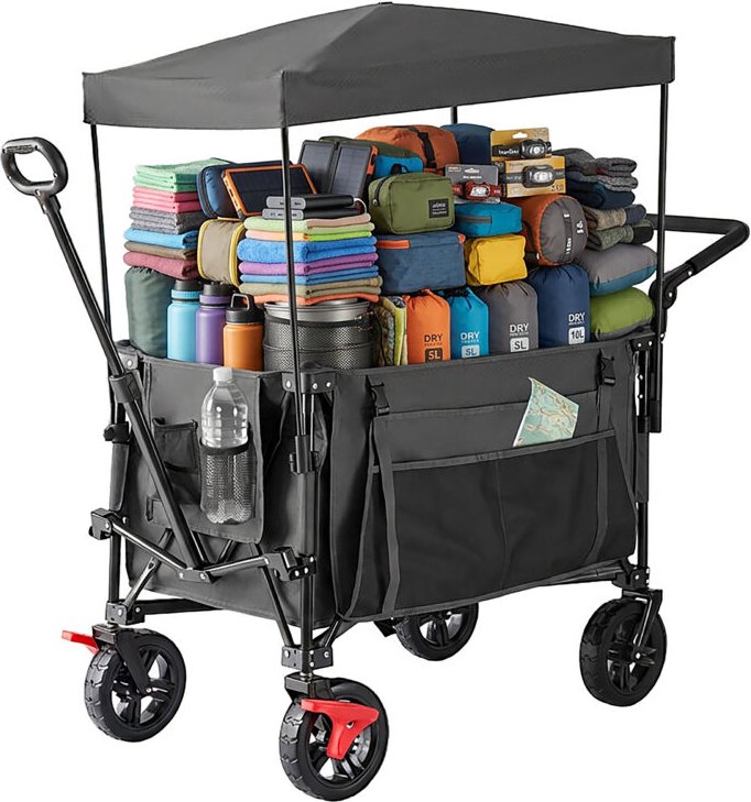 Relaxdays Bollerwagen, faltbar, 150 kg, Dach, Teleskop- & Schiebegriff, Gummireifen mit Bremse, Transportwagen, grau