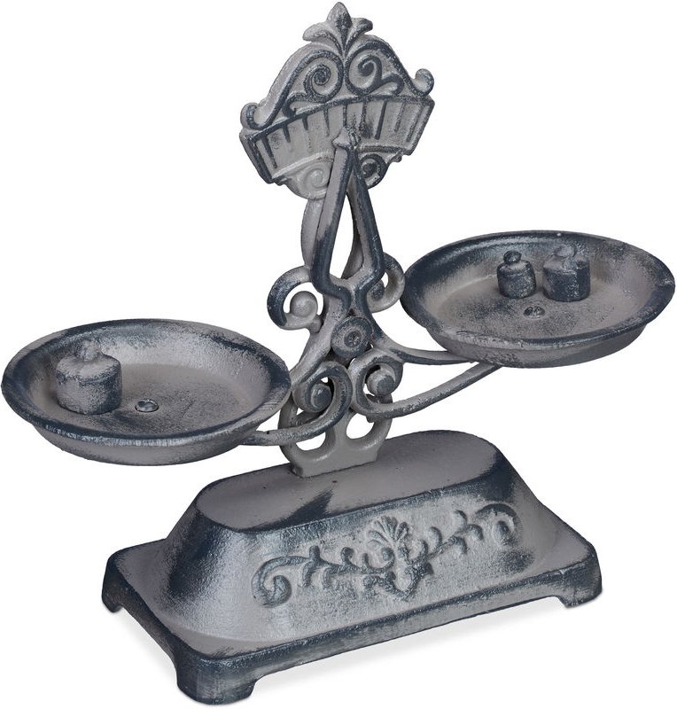 Relaxdays Deko Waage im Antik-Design, Nostalgie Küchenwaage, 3 Gewichte, rustikale Doppelwaage, Gusseisen, grau/schwarz