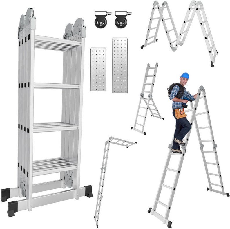 Randaco 470cm Aluminum Mehrzweckleitern, 4x4 Stufen Gerüst Leiter mit 2 Arbeitsplattform, Klappbare Stehleiter