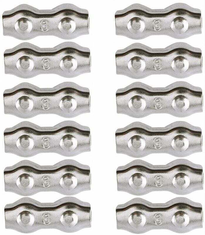 Kabelklemmen, 3-mm-Stahlkabelklemmen, 12 Stück, Doppelkabelklemmen, Kabelclips aus Edelstahl 304, Kabelgriffe für 2-mm-M...