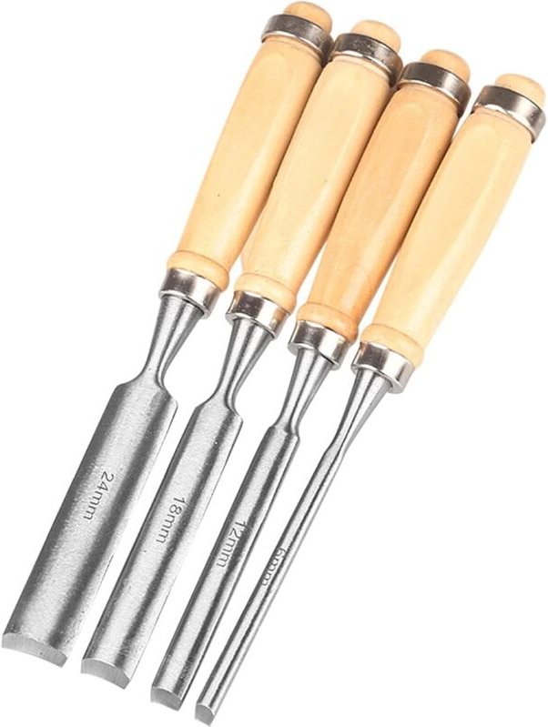 Satz von 4 Holzbeiteln, rund, gebogen, aus CR-V-Stahl, halbkreisförmiger Rand von 8 mm, 12 mm, 18 mm, 24 mm, für Heimwer...