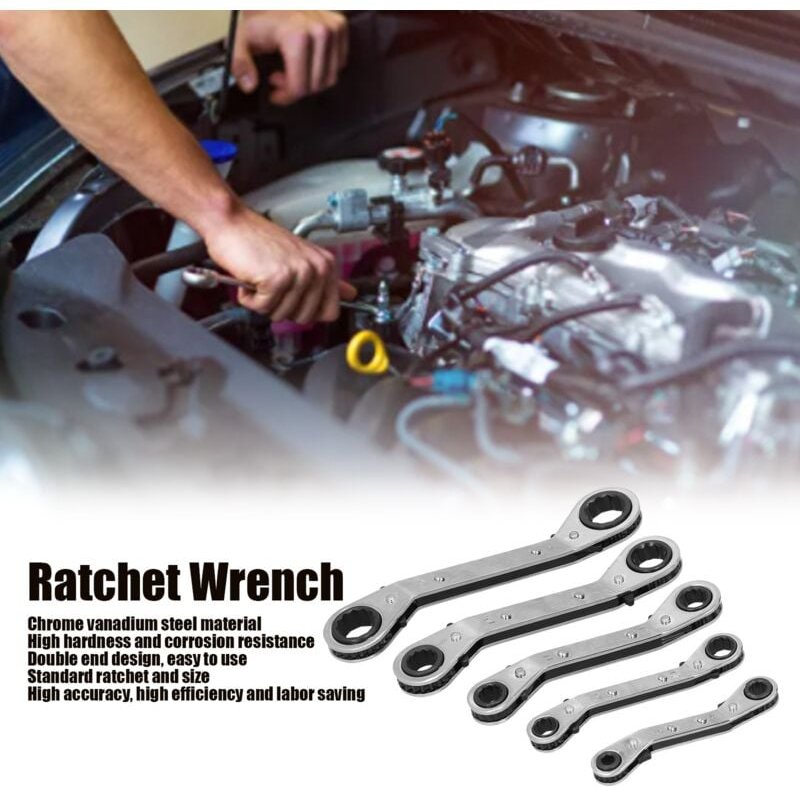 Ej.life - Ratschenschlüssel, 5-teiliger Ratschenschlüssel, Doppelend-Ratschenschlüssel aus Chrom-Vanadium-Stahl, Langes,...