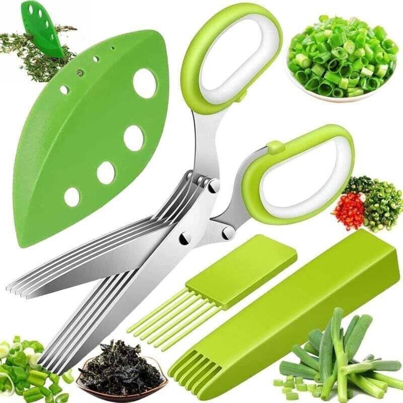 Kräuterschere, 5-Klingen-Küchenschere aus Edelstahl mit Sicherheitsdeckel zum Schneiden von Kräutern, Schnittlauch, Pete...