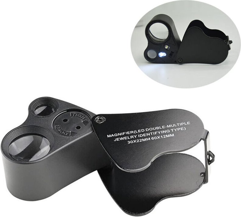 (Schwarz), Juwelierlupe 30 x 60 mm, LED-beleuchtete Uhrmacherlupe, für Edelsteine, Schmuck, Steine, Briefmarken, Münzen,...