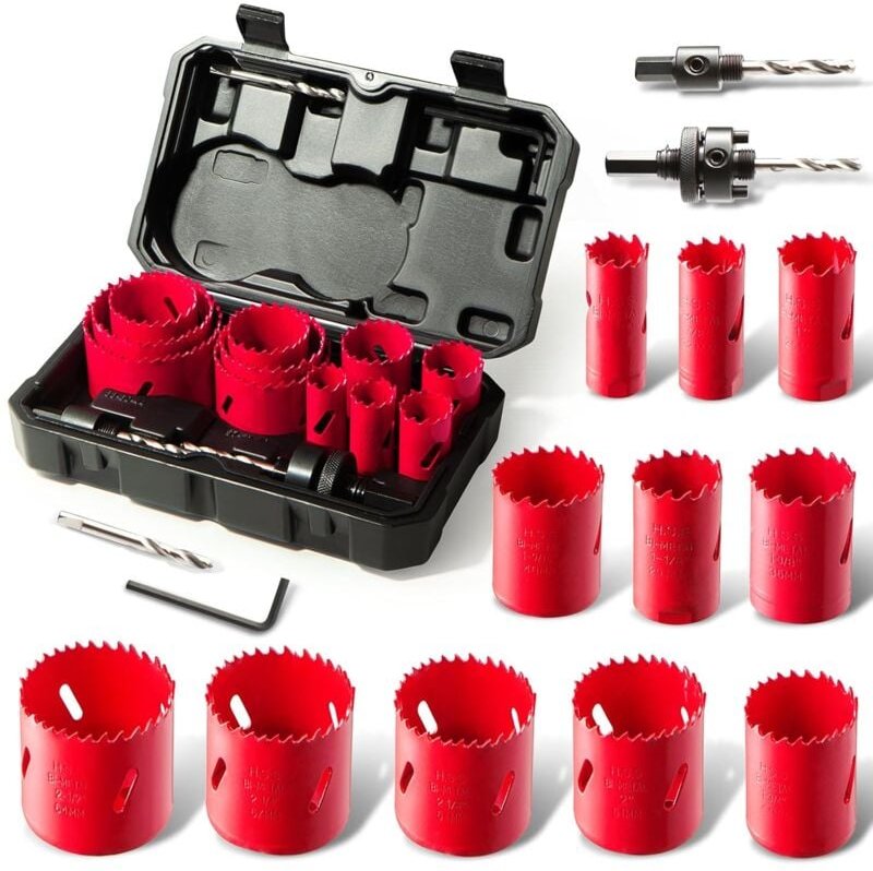 Hychika Bi-Metall-Lochsägen-Set, 17-teilig mit 11 Sägeblättern 19 mm - 68 mm, 2 Spanndornen, 3 Bohrern, 1 Sechskantschlü...