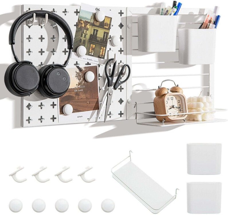 Werkzeugwand mit 2 aufbewahrungsbehalter 1 lagergestell 5 magneten 4 haken stecktafel