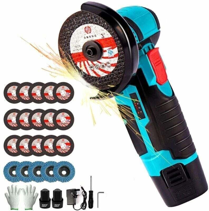 500 W 12 V Akku-Mini-Winkelschleifer + 2 Akkus + 5 Fächerscheiben + 15 Schleifscheiben