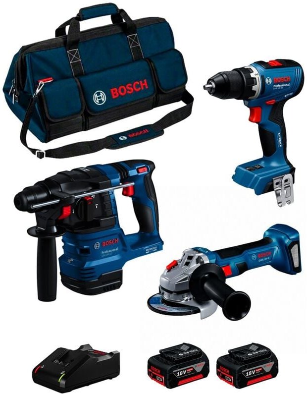 BOSCH Kit 0615A50094 (GSR 18V-65 + GWS 18V-8 + GBH 18V-22 + 2 x 4,0Ah + GAL18V-40 + Tasche)