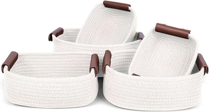 Panier en corde de coton tissé main avec poignées en cuir, blanc, pour armoire, salle de bain ou chambre enfant
