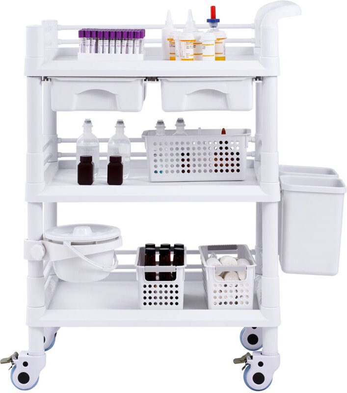 Mophorn - 3-stöckiger Laborwagen, Mehrzweckwagen mit 3 Tabletts und 4 leisen Rädern, mobiler medizinischer Wagen mit PP-...