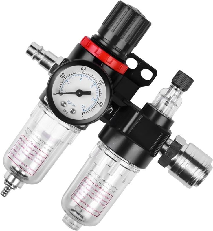 Druckluft-Reduzierer: Wasserabscheider 1/4 Zoll Druckluft-Druckminderer mit Schnellkupplungen und Manometer, Luftfilter,