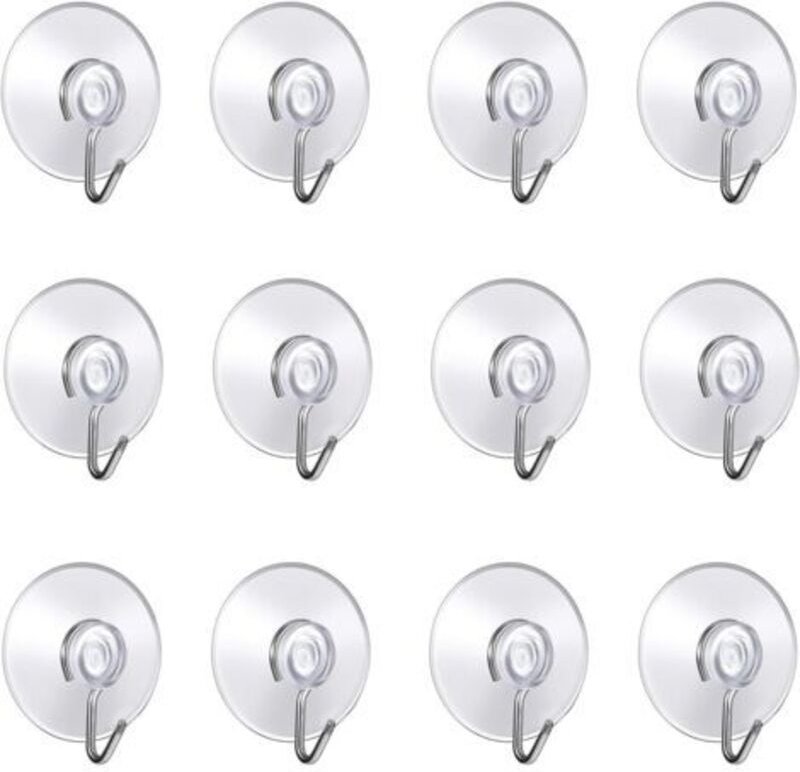 (12er-Pack Saugnäpfe) 4x4,4x1,4 cm, Wandhaken mit Saugnapf, kleine Kunststoffsaugnäpfe mit Rundhaken für Bad und Küche