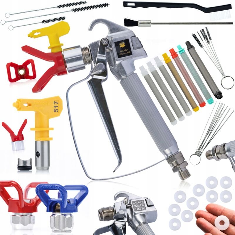 Rosfix Set Farbspritzpistole 517 – Hochdruckpistole mit Edelstahldüsenschutz, 5x Filter 30–200 Mesh, 10x Dichtung, Reini...