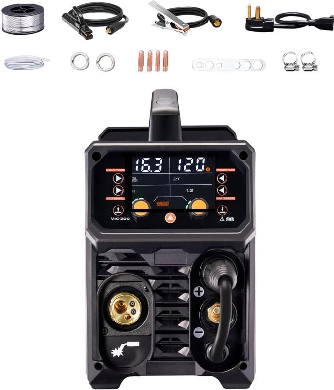 Mophorn Pro MIG-Schweißgerät – 200 Ampere fortschrittliche Schweißlösung. Dieses 5-in-1-Synergic-Schweißgerät bietet MIG...