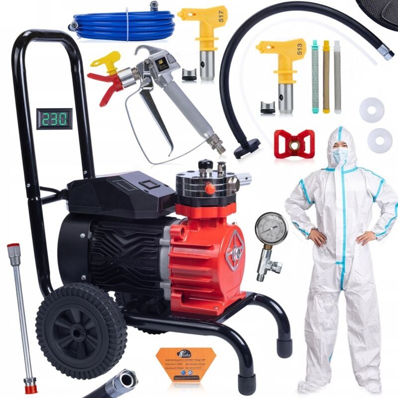 Rosfix Set Red Strong Storm 1100 RSS05 – Airless Farbspritzgerät 3500 W, 22 MPa, 18 l/min Inkl. Pistole, Düsen 513/517, ...