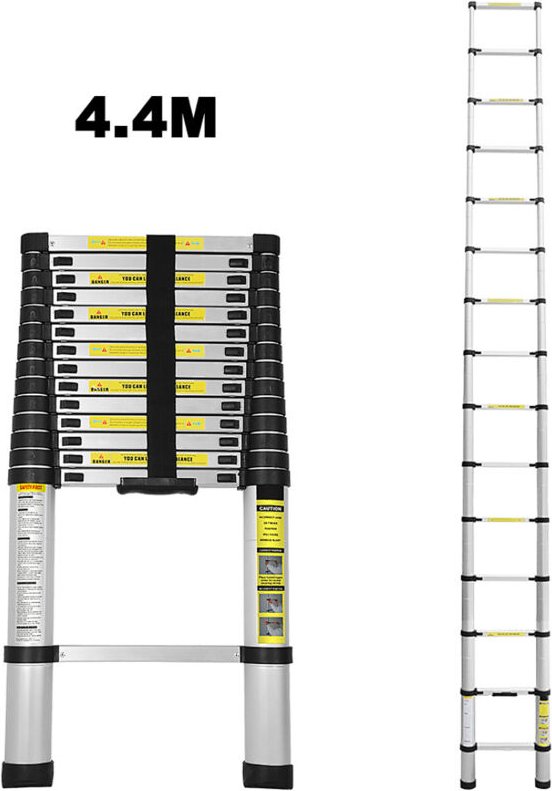 Randaco 4.4M Teleskopleiter Aluminium Mehrzweckleiter Fingerklemmschutz Auszeihleiter Klappbar Aluminiumleiter Antirutsc...