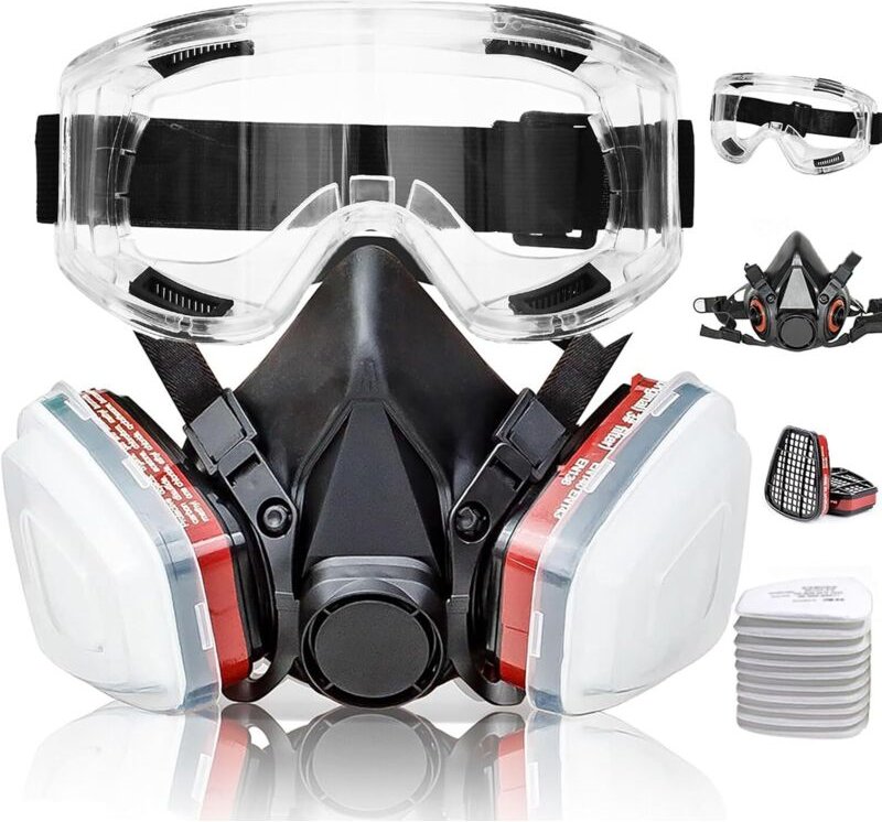 Halbmaske mit Filtern – Atemschutzmaske mit 10 Filterwattepads und Schutzbrille, geeignet für Malerarbeiten, Staub, Form...