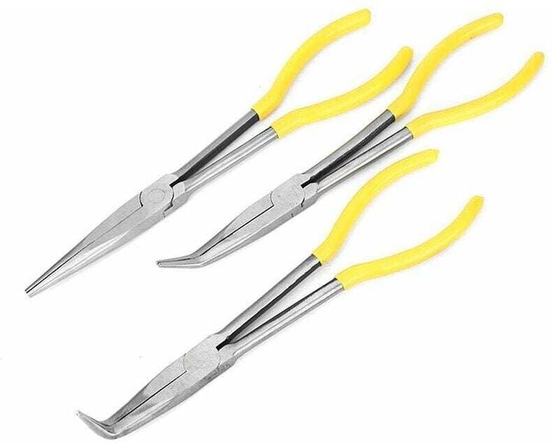 3 Stück Lange Zangenzangen aus Kohlenstoffstahl, Extra Lange mit gerader gebogener Spitze für Elektriker, Handwerkzeug-S...