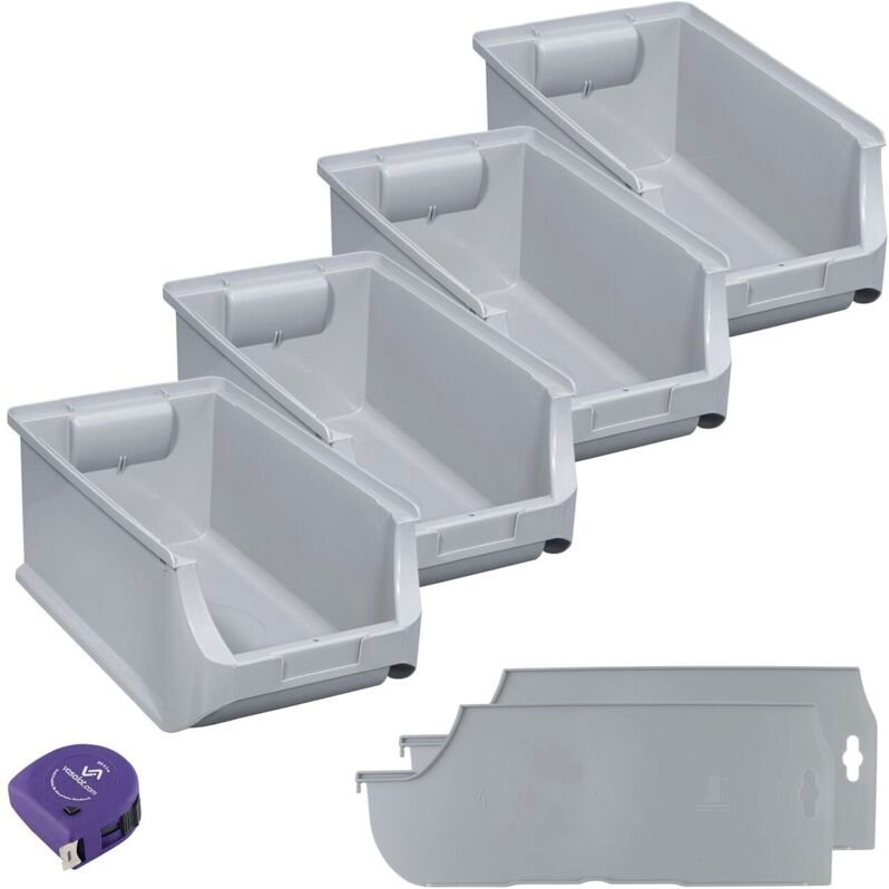 vasalat Stapelboxen 355x205x150mm Gr.4, Sichtlagerboxen für Werkstatt Garage und Lager, Kunststoff grau, 4x Sichtlagerkä...