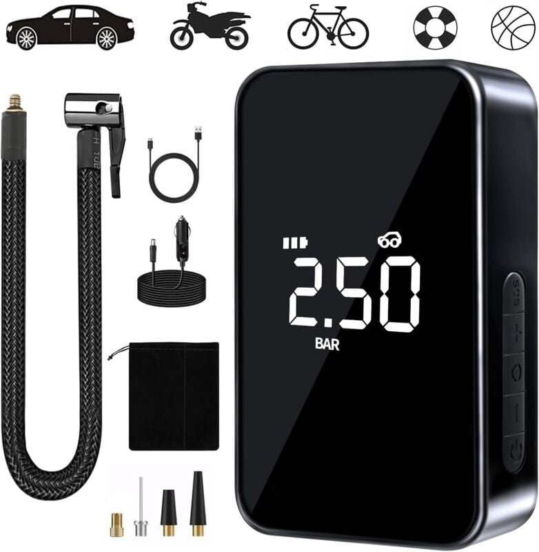 Tragbarer Luftkompressor, 6000mAh Mini Elektrischer Luftpuster, 150PSI Fahrradpumpe Elektrisch, Kompressor mit Digitalan...