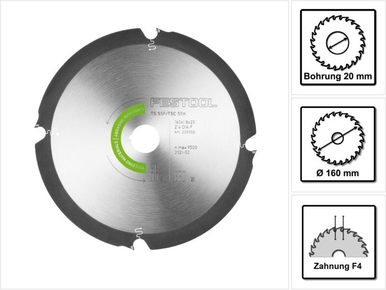 Festool Diamant-Kreissägeblatt ABRASIVE MATERIALS DIA 160 x 1,8 x 20 F4 - 205558