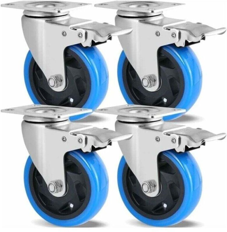 4er-Set Lenkrollen, 100 mm Möbelrollen, bis 600 kg Tragkraft, Schwerlastrollen mit Bremse, 360°-Drehung, Gummirollen