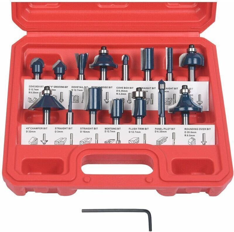 6,35-mm-Fräser, 15er-Set, 6,35 mm 1/4"-Schaftfräser, Holzbearbeitungsfräser mit Hartmetallspitze, Schaft aus geschmiedet...